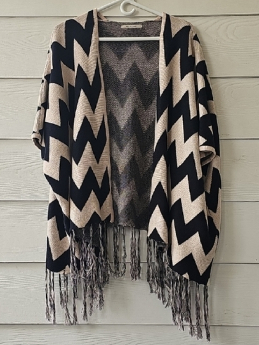 May & July Black and Cream Chevron Knit Fringe Open Front Cardigan